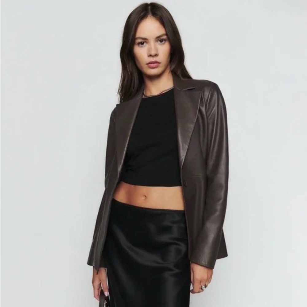 Reformation x VEDA Bowery Leather Blazer Brown UPDATED